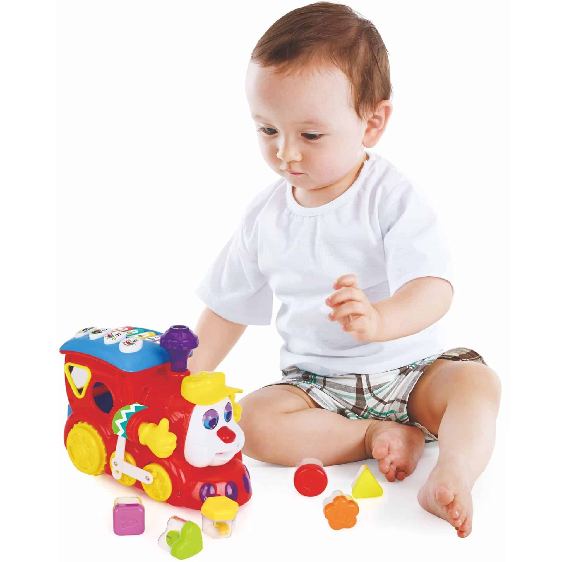 Trenulet de Jucarie Educativ cu Sunete si Lumini, Senzor de Impact, Functie Potrivire Forme, Rosu, 22x16x12 Cm, +18 Luni