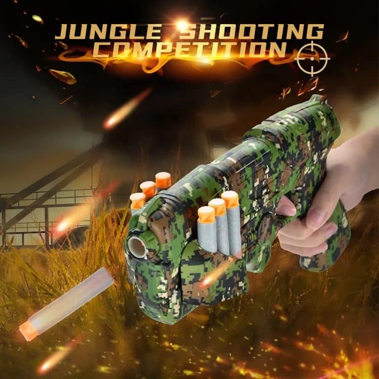 Set Pistol cu 6 Gloante de Spuma, Masca de Protectie, Vesta cu Tinta, Model Camuflaj, + 6 Ani