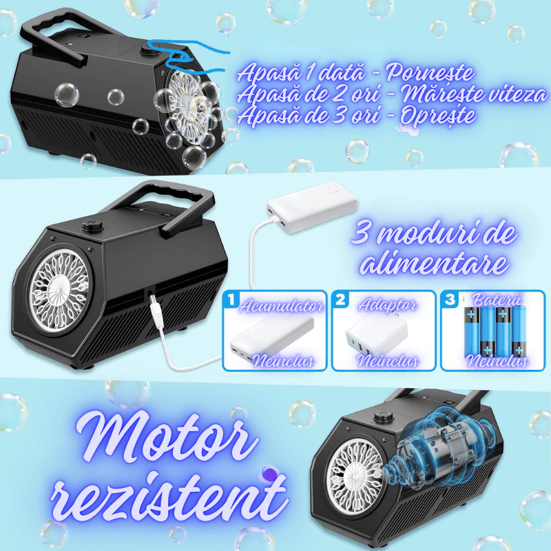 Aparat Baloane Săpun Automat Portabil, Jucărie Interactivă cu Lumină LED, 20 Găuri, Negru, 3 Moduri Alimentare – Ideal pentru Copii, Petreceri, Cadouri