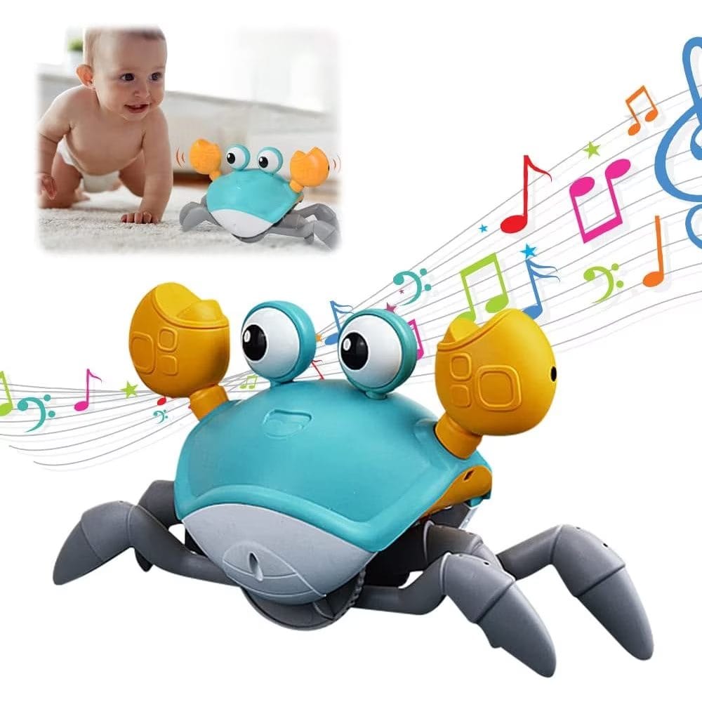 Jucarie Interactiva Bebelusi, Crab Care se Taraste, Muzica, Senzor de Obstacole, Stimuleaza Miscarea, Acumulator cu Incarcare USB, Albastru, 23x14x11 Cm, + 9 Luni