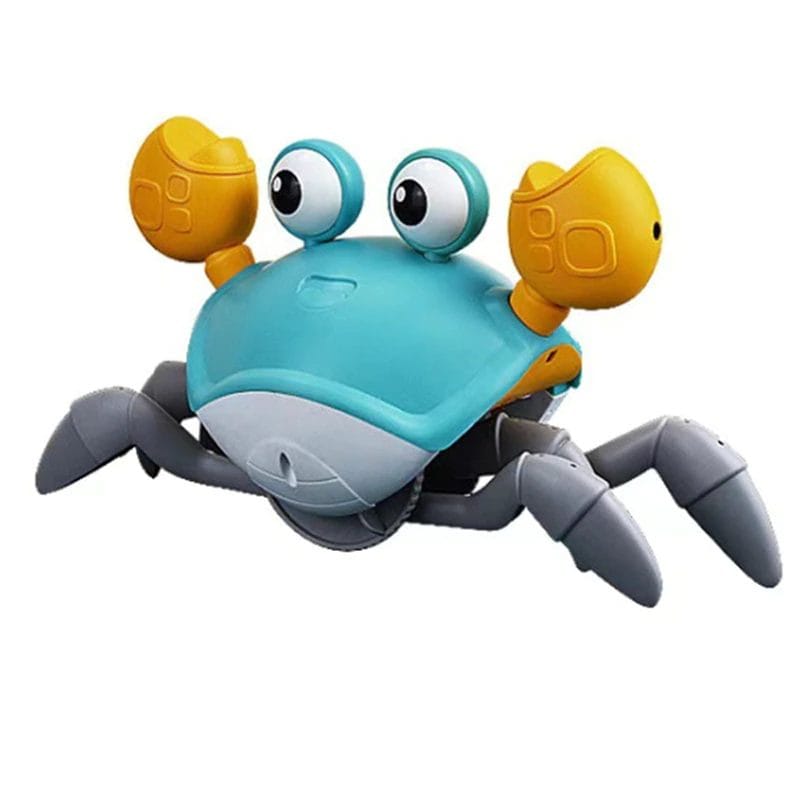 Jucarie Interactiva Bebelusi, Crab Care se Taraste, Muzica, Senzor de Obstacole, Stimuleaza Miscarea, Acumulator cu Incarcare USB, Albastru, 23x14x11 Cm, + 9 Luni