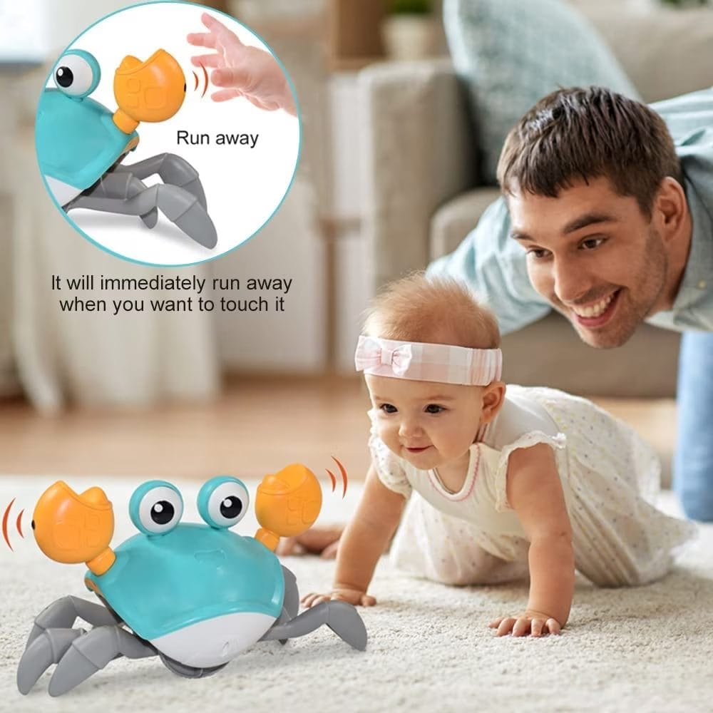 Jucarie Interactiva Bebelusi, Crab Care se Taraste, Muzica, Senzor de Obstacole, Stimuleaza Miscarea, Acumulator cu Incarcare USB, Albastru, 23x14x11 Cm, + 9 Luni
