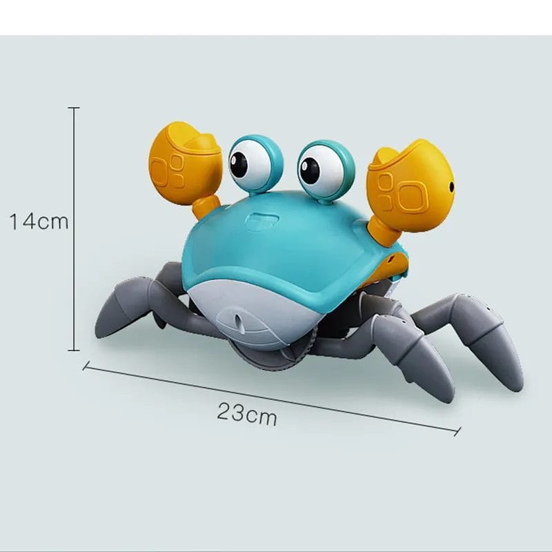 Jucarie Interactiva Bebelusi, Crab Care se Taraste, Muzica, Senzor de Obstacole, Stimuleaza Miscarea, Acumulator cu Incarcare USB, Albastru, 23x14x11 Cm, + 9 Luni