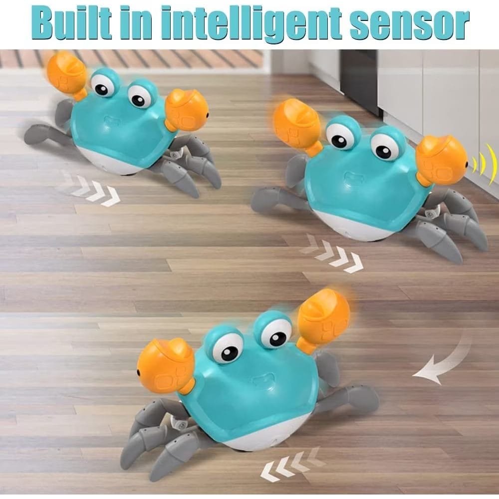 Jucarie Interactiva Bebelusi, Crab Care se Taraste, Muzica, Senzor de Obstacole, Stimuleaza Miscarea, Acumulator cu Incarcare USB, Albastru, 23x14x11 Cm, + 9 Luni