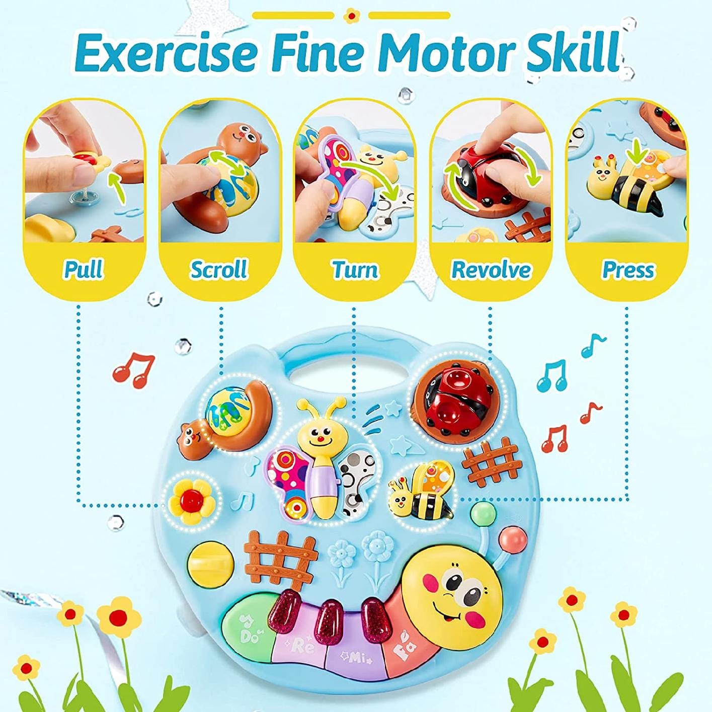 Resigilat - Jucarie Interactiva Bebelusi 3 in 1, Lumini si Sunete, Educativa, Multiple Activitati, Cu Picioare si Sistem de Agatare, 26.5x27.5x17 Cm, + 1 An