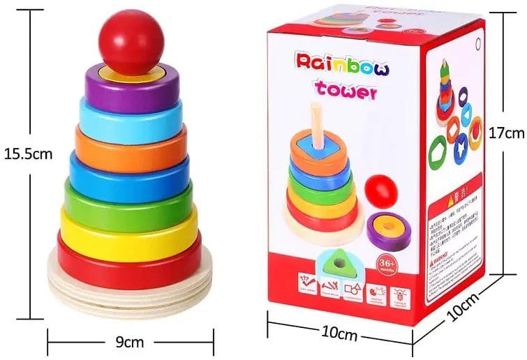 Resigilat - Jucarie din Lemn Educativa de Stivuire cu Forme Geometrice, Turn Montessori, + 3 Ani, 15.5x9 cm