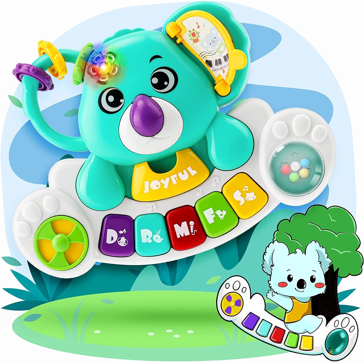 Resigilat - Jucarie Interactiva Bebelusi 4 in 1, Orga cu Sunete si Lumini, Ursulet Koala, 20x15x5.5 cm, Turcoaz, + 18 Luni