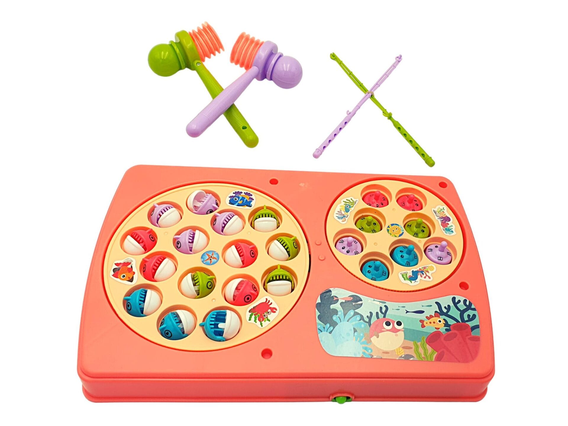 Resigilat - Set Interactiv 2 in 1, Joc Pescuit cu 15 Pestisori si 2 Undite, Joc Whack A Mole cu 8 Cartite si 2 Ciocanele, Cadru Rotativ, Sunete, 28x18x4 Cm, Roz, + 3 Ani
