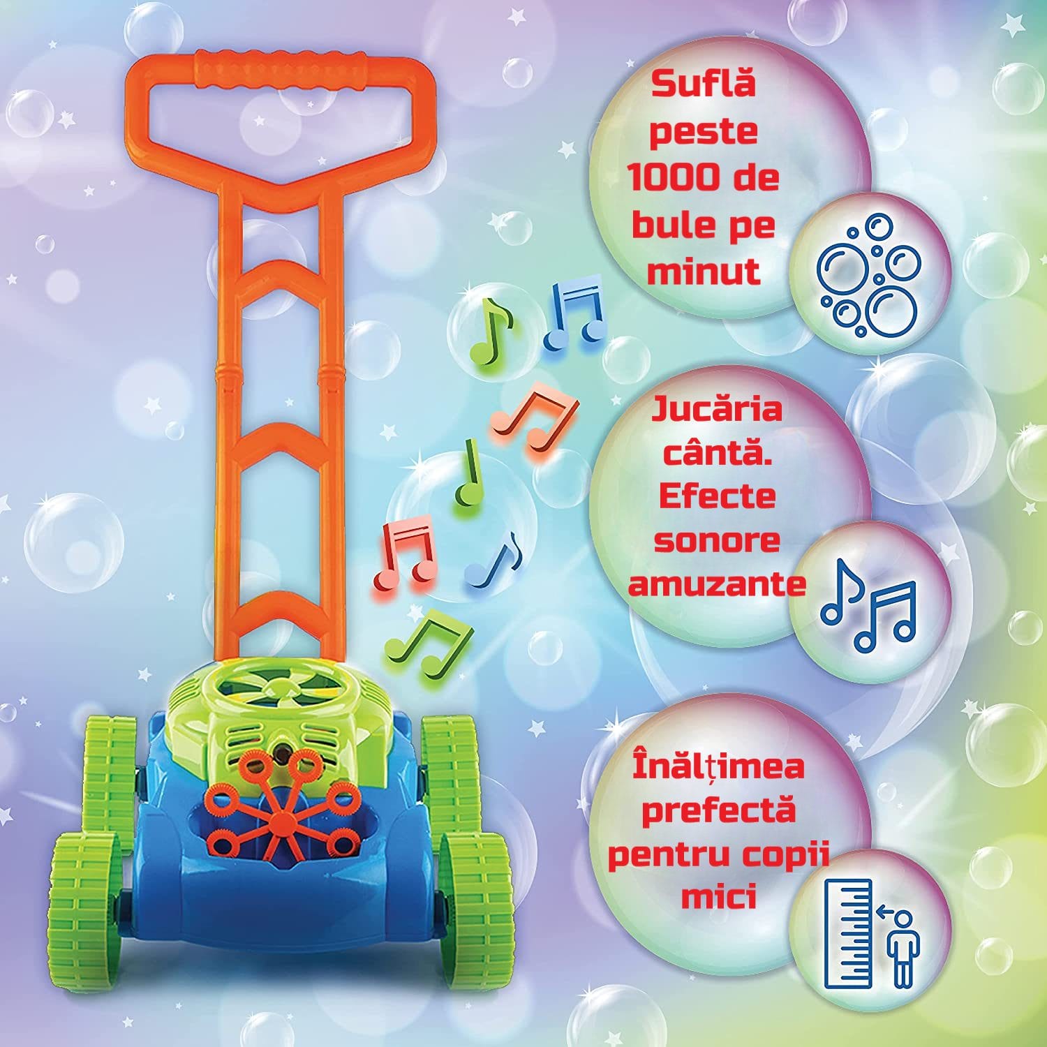 Resigilat - Jucarie pentru Baloane de Sapun, Masina de Tuns Iarba, Interactiva, Solutie Inclusa, Albastru Verde, 27x27.5x50 Cm, + 3 Ani