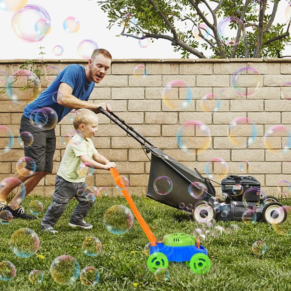 Resigilat - Jucarie pentru Baloane de Sapun, Masina de Tuns Iarba, Interactiva, Solutie Inclusa, Albastru Verde, 27x27.5x50 Cm, + 3 Ani