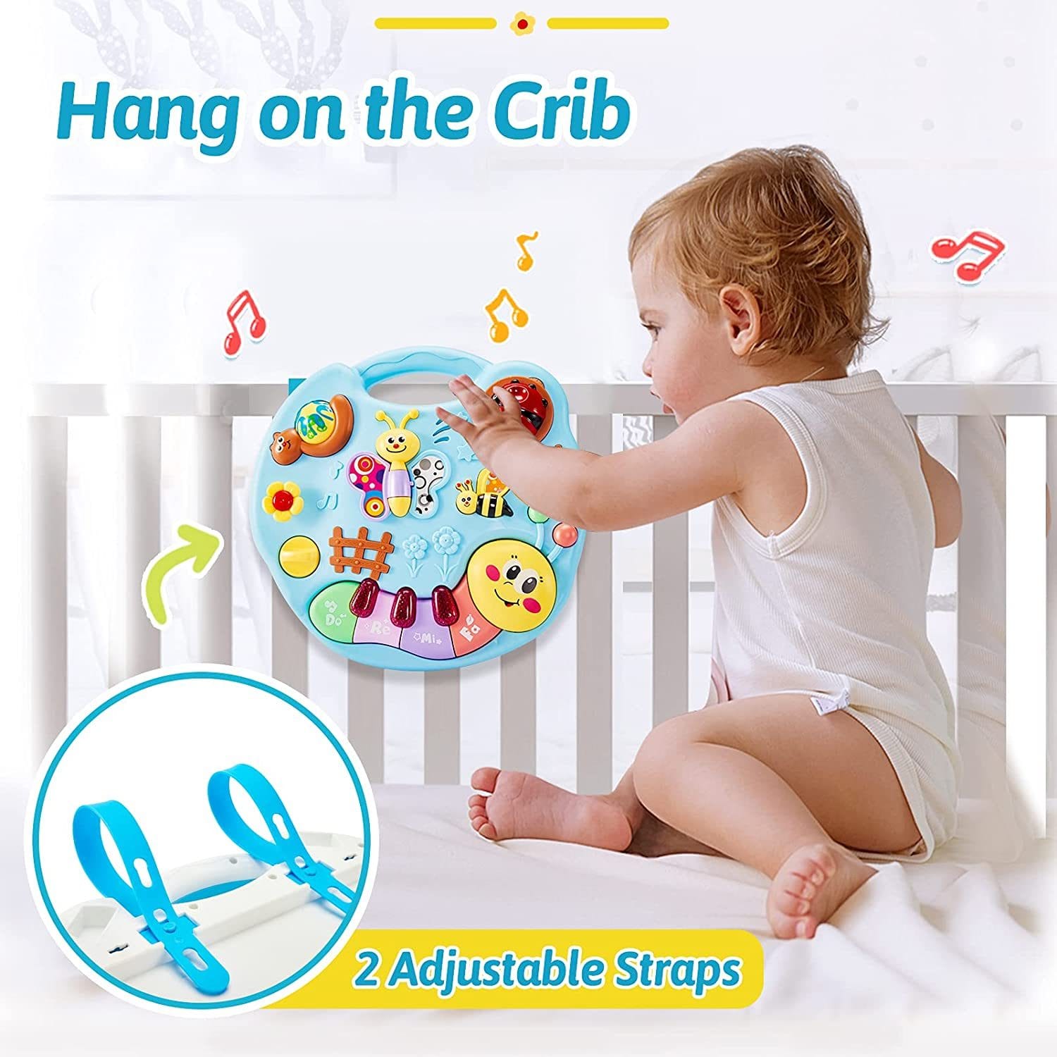 Resigilat - Jucarie Interactiva Bebelusi 3 in 1, Lumini si Sunete, Educativa, Multiple Activitati, Cu Picioare si Sistem de Agatare, 26.5x27.5x17 Cm, + 1 An