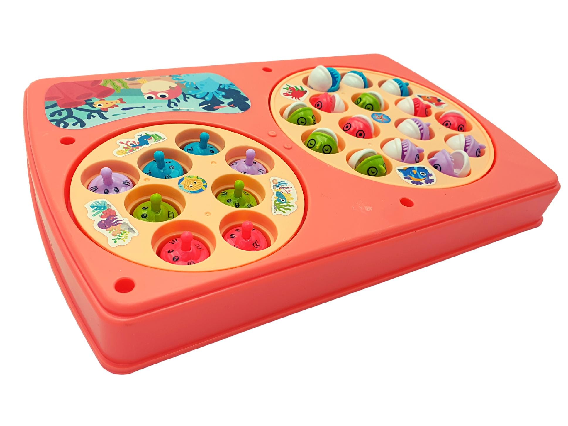 Resigilat - Set Interactiv 2 in 1, Joc Pescuit cu 15 Pestisori si 2 Undite, Joc Whack A Mole cu 8 Cartite si 2 Ciocanele, Cadru Rotativ, Sunete, 28x18x4 Cm, Roz, + 3 Ani
