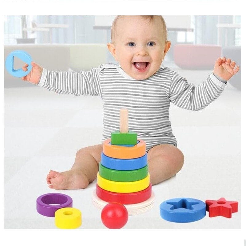 Resigilat - Jucarie din Lemn Educativa de Stivuire cu Forme Geometrice, Turn Montessori, + 3 Ani, 15.5x9 cm