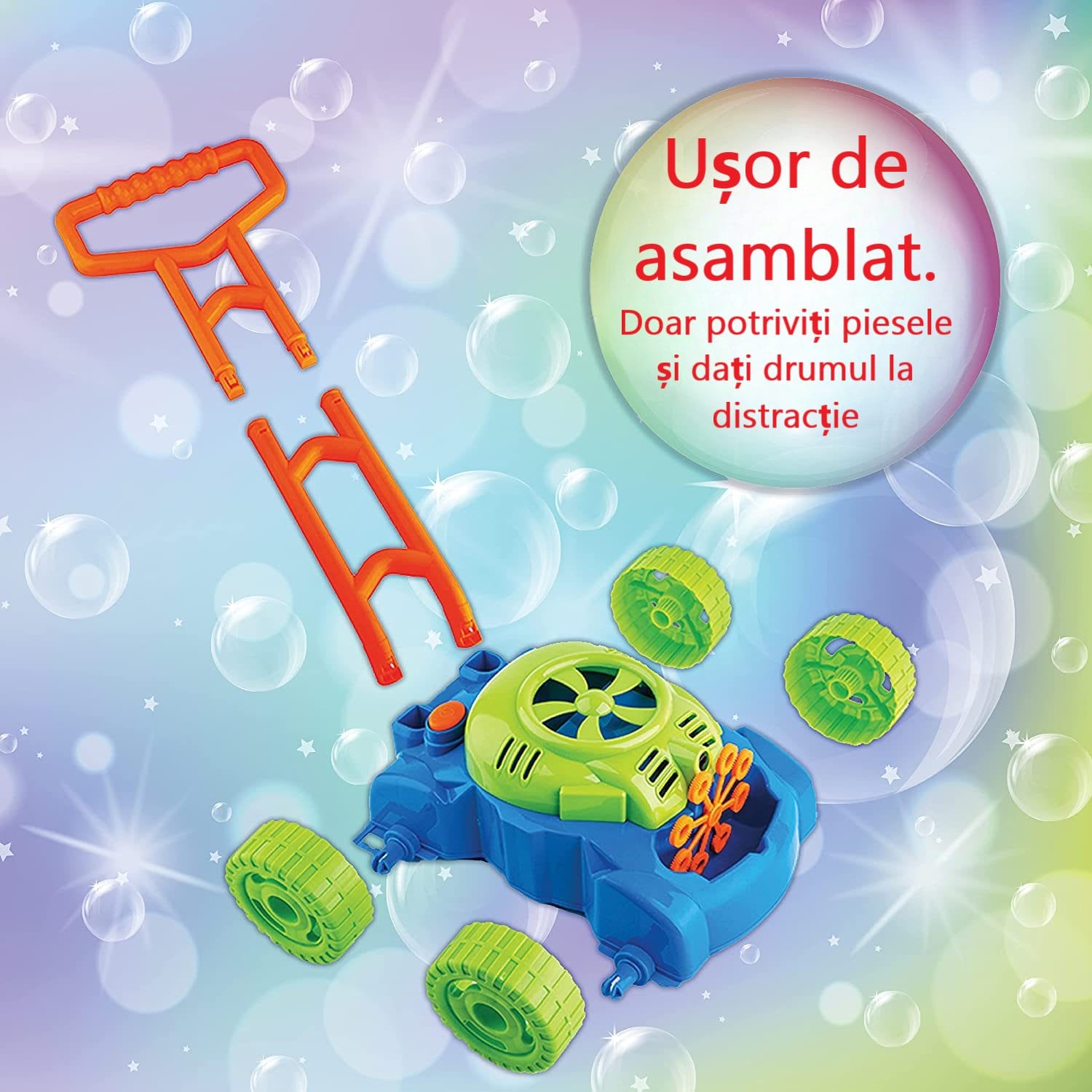 Resigilat - Jucarie pentru Baloane de Sapun, Masina de Tuns Iarba, Interactiva, Solutie Inclusa, Albastru Verde, 27x27.5x50 Cm, + 3 Ani