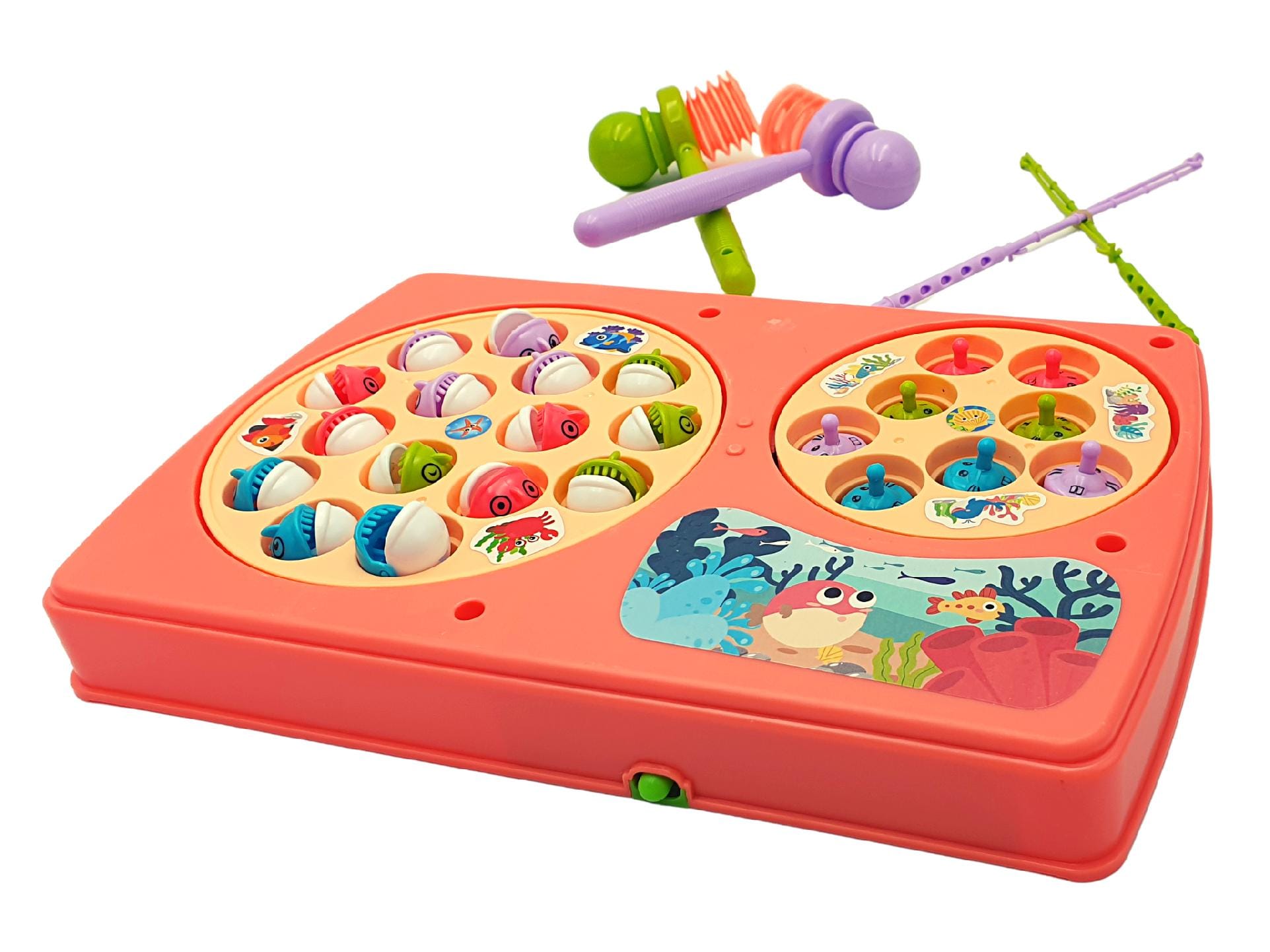 Resigilat - Set Interactiv 2 in 1, Joc Pescuit cu 15 Pestisori si 2 Undite, Joc Whack A Mole cu 8 Cartite si 2 Ciocanele, Cadru Rotativ, Sunete, 28x18x4 Cm, Roz, + 3 Ani