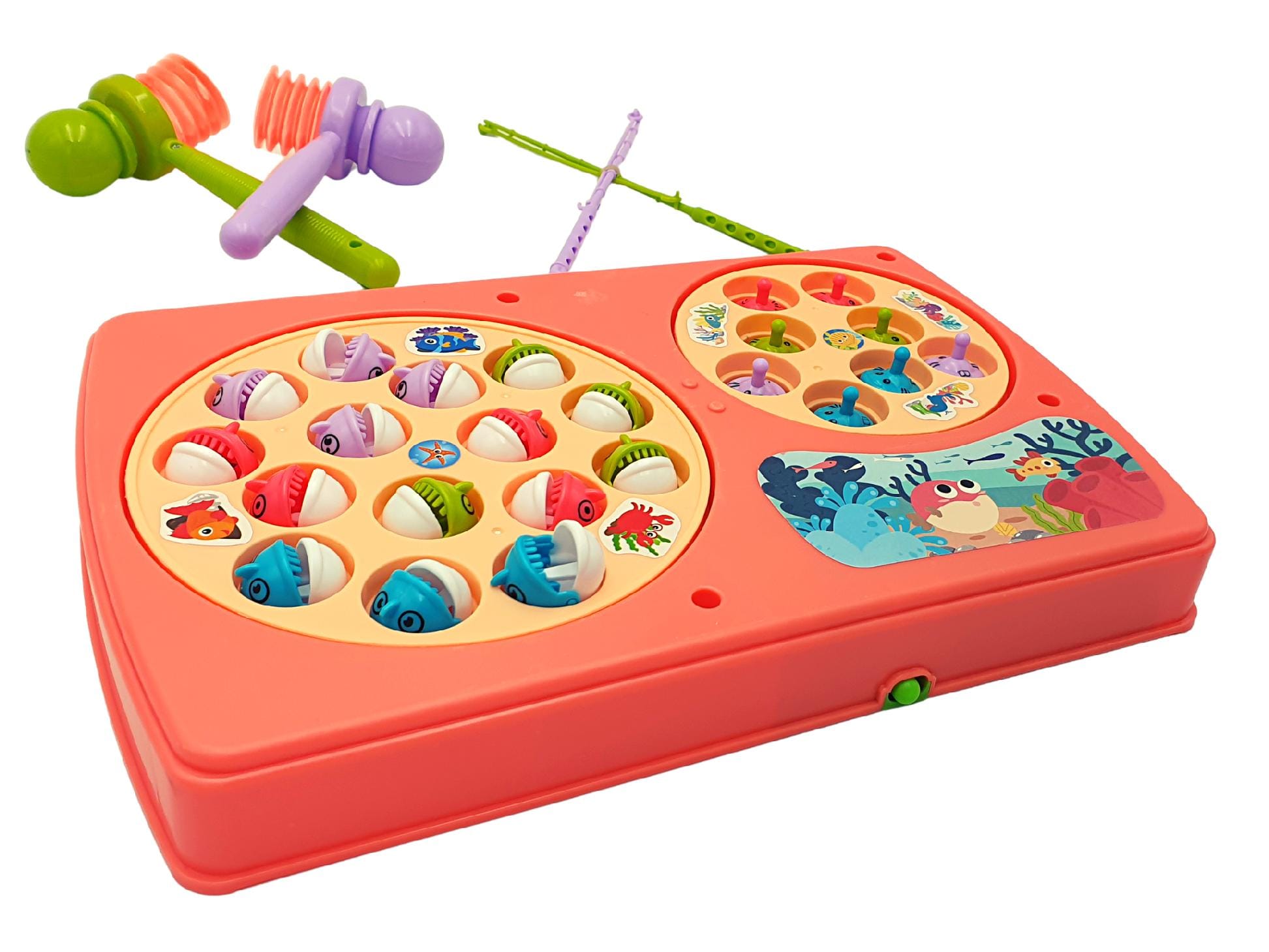Resigilat - Set Interactiv 2 in 1, Joc Pescuit cu 15 Pestisori si 2 Undite, Joc Whack A Mole cu 8 Cartite si 2 Ciocanele, Cadru Rotativ, Sunete, 28x18x4 Cm, Roz, + 3 Ani