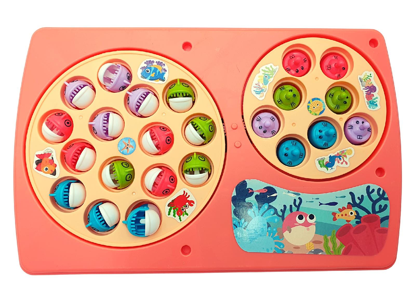 Resigilat - Set Interactiv 2 in 1, Joc Pescuit cu 15 Pestisori si 2 Undite, Joc Whack A Mole cu 8 Cartite si 2 Ciocanele, Cadru Rotativ, Sunete, 28x18x4 Cm, Roz, + 3 Ani