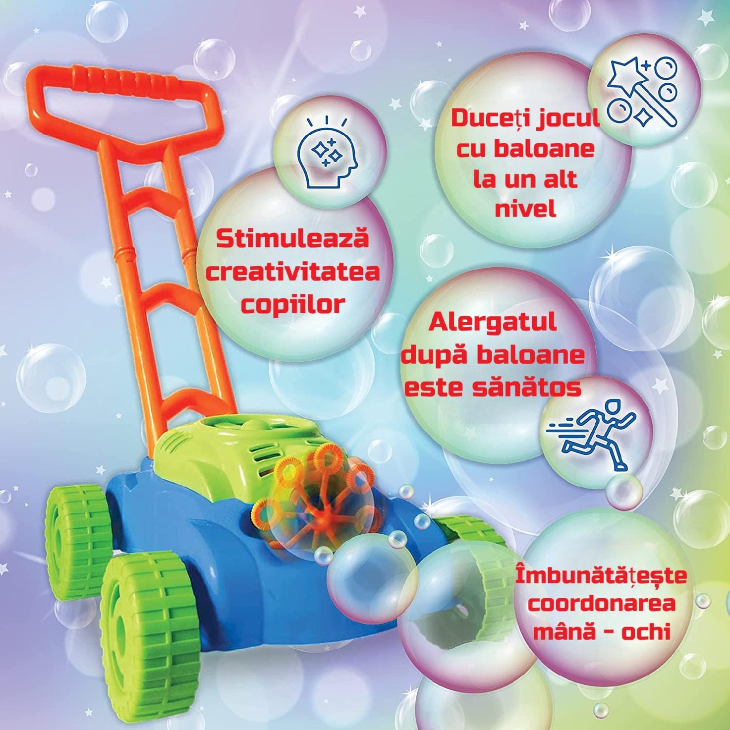 Masina de Tuns Iarba Interactiva pentru Baloane de Sapun, Solutie Inclusa, 27x27.5x50 Cm, + 3 Ani