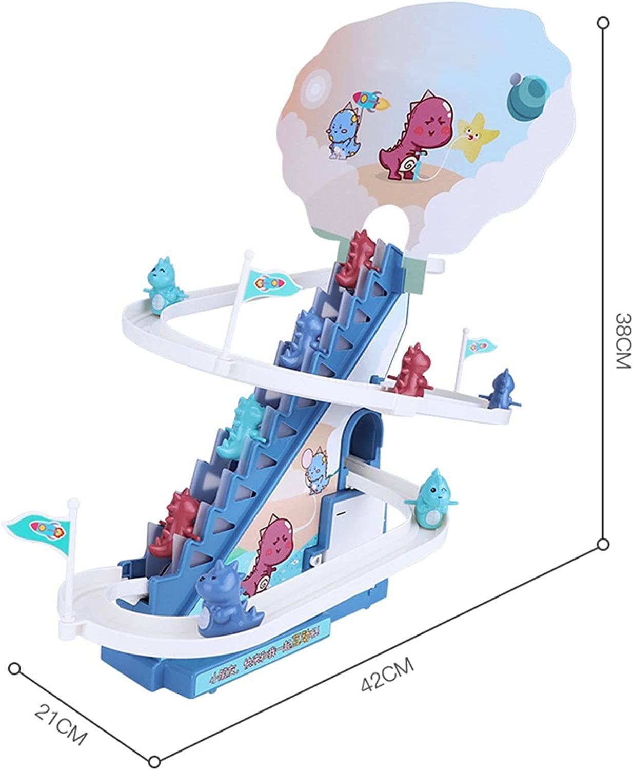 Tobogan pentru Dinozauri, Lumini si Sunete Interactive, 3 Dinozauri, 42x21x38 Cm, Albastru + 3 Ani