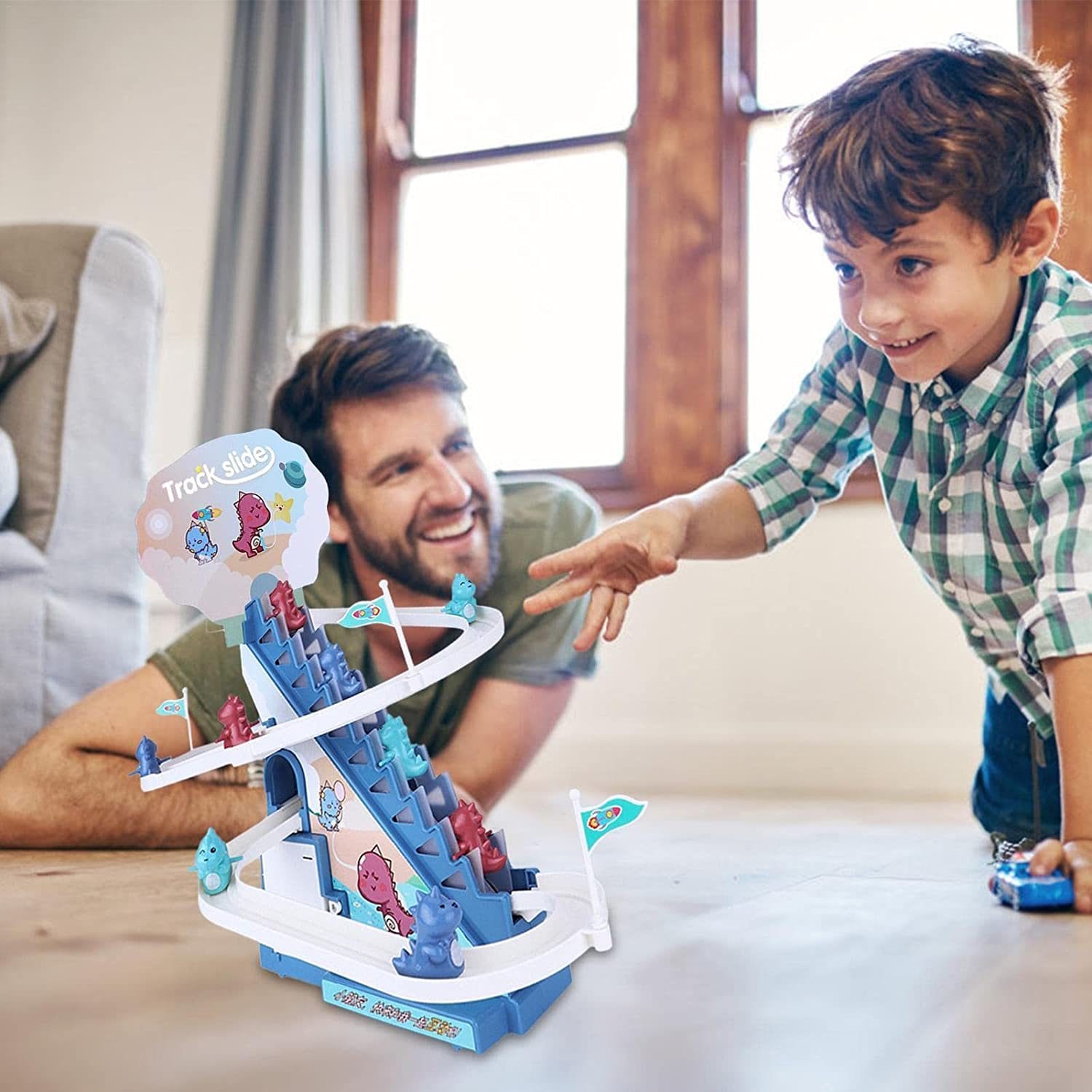 Tobogan pentru Dinozauri, Lumini si Sunete Interactive, 3 Dinozauri, 42x21x38 Cm, Albastru + 3 Ani