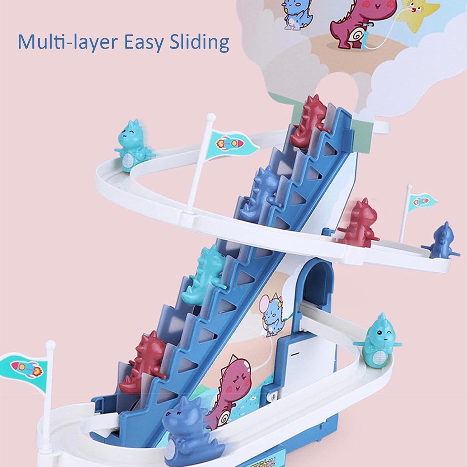 Tobogan pentru Dinozauri, Lumini si Sunete Interactive, 3 Dinozauri, 42x21x38 Cm, Albastru + 3 Ani