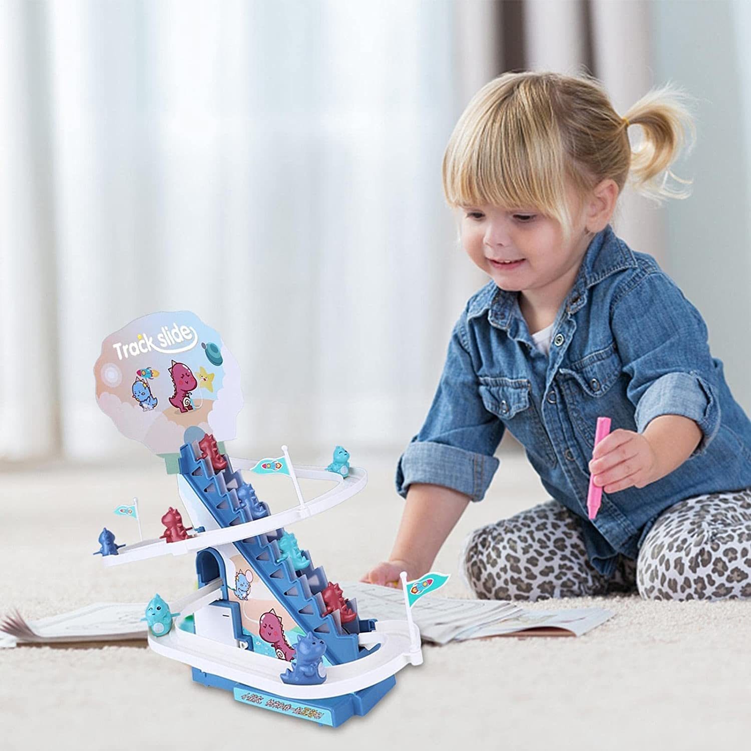 Tobogan pentru Dinozauri, Lumini si Sunete Interactive, 3 Dinozauri, 42x21x38 Cm, Albastru + 3 Ani