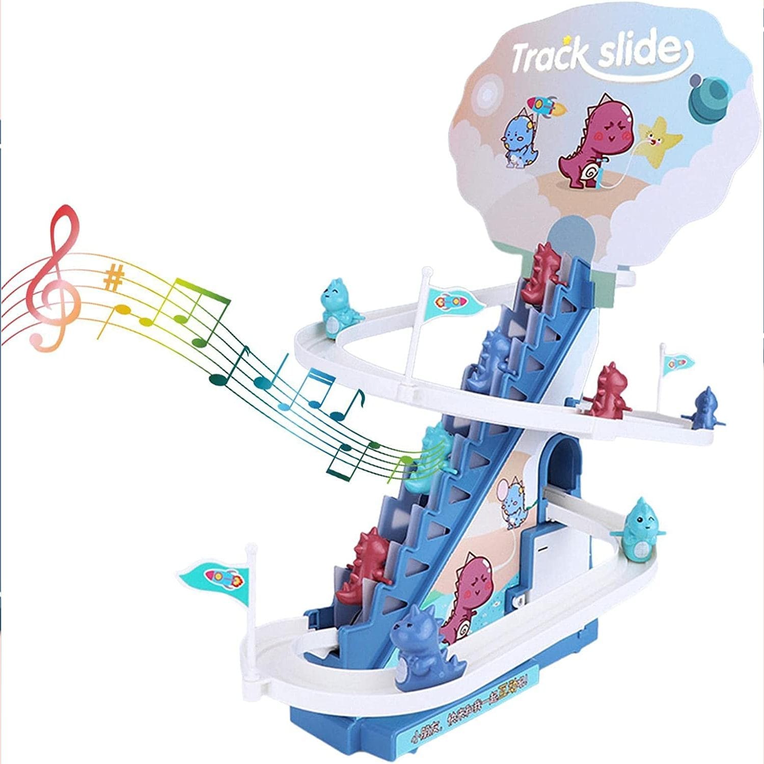 Tobogan pentru Dinozauri, Lumini si Sunete Interactive, 3 Dinozauri, 42x21x38 Cm, Albastru + 3 Ani