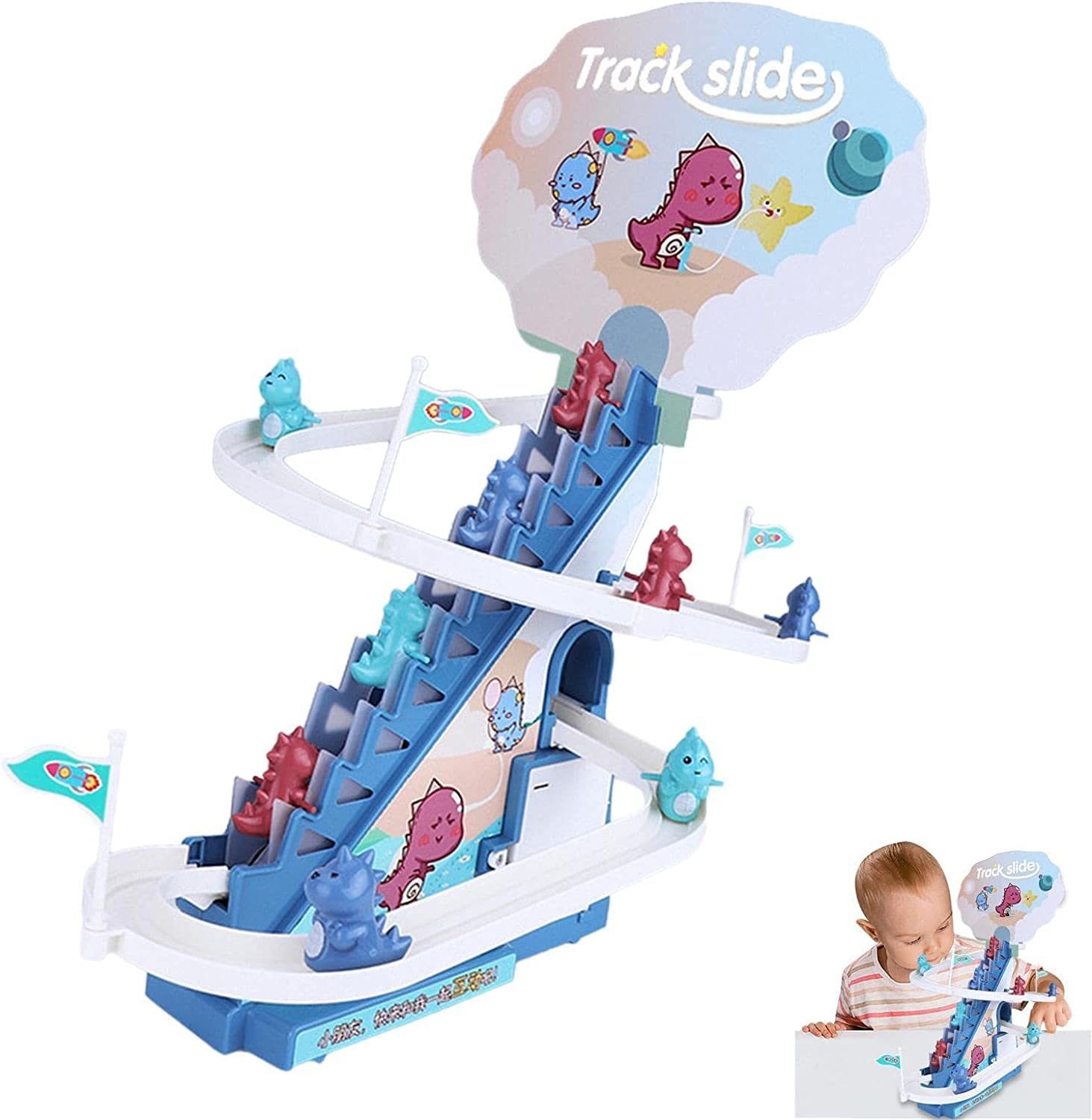 Tobogan pentru Dinozauri, Lumini si Sunete Interactive, 3 Dinozauri, 42x21x38 Cm, Albastru + 3 Ani