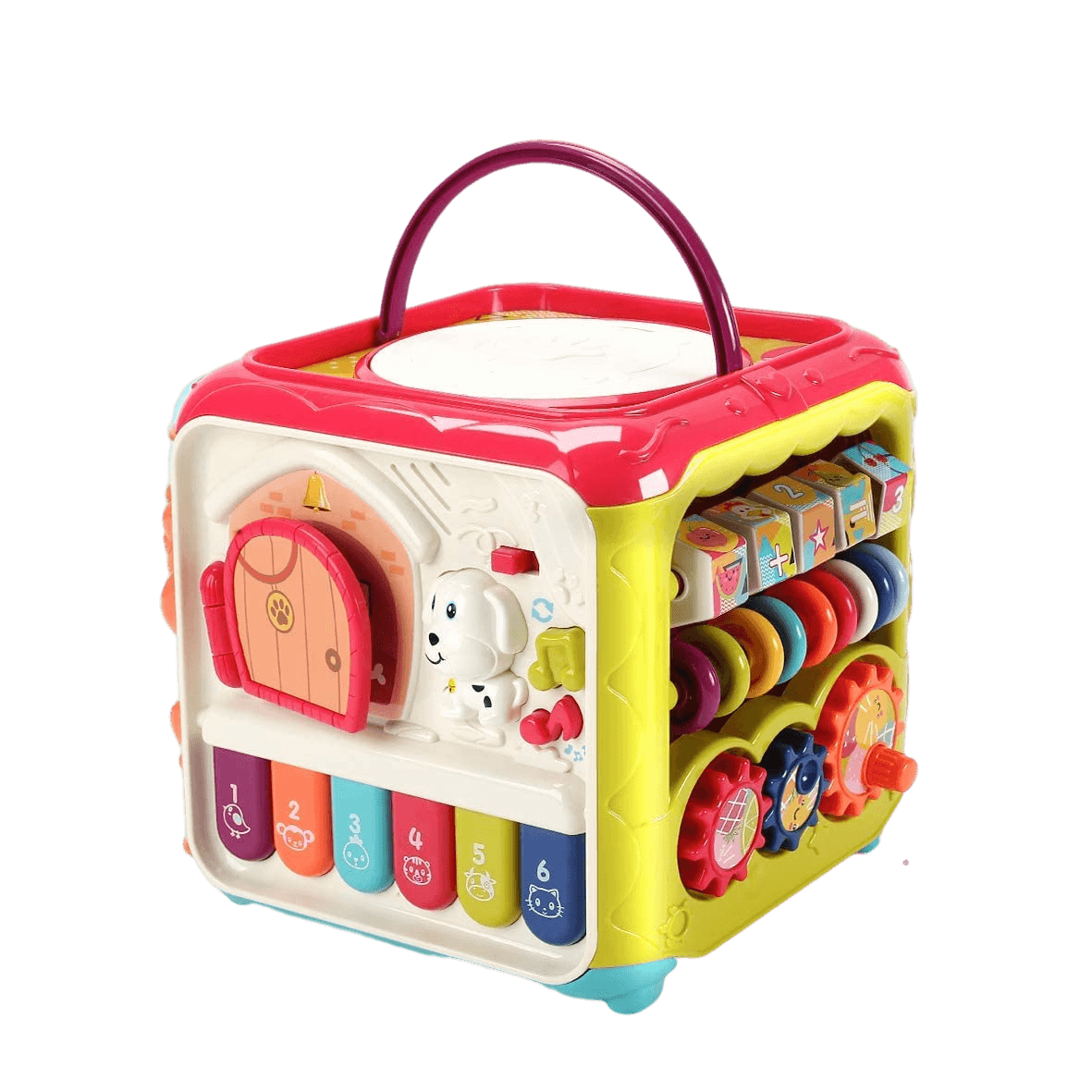 Resigilat - Jucarie Interactiva pentru Bebelusi, Cub Activitati 6 in 1, Muzica si Lumini, Multifunctional, 20x20x20 cm, + 3 Luni