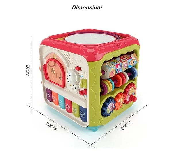 Resigilat - Jucarie Interactiva pentru Bebelusi, Cub Activitati 6 in 1, Muzica si Lumini, Multifunctional, 20x20x20 cm, + 3 Luni