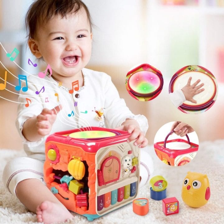 Resigilat - Jucarie Interactiva pentru Bebelusi, Cub Activitati 6 in 1, Muzica si Lumini, Multifunctional, 20x20x20 cm, + 3 Luni