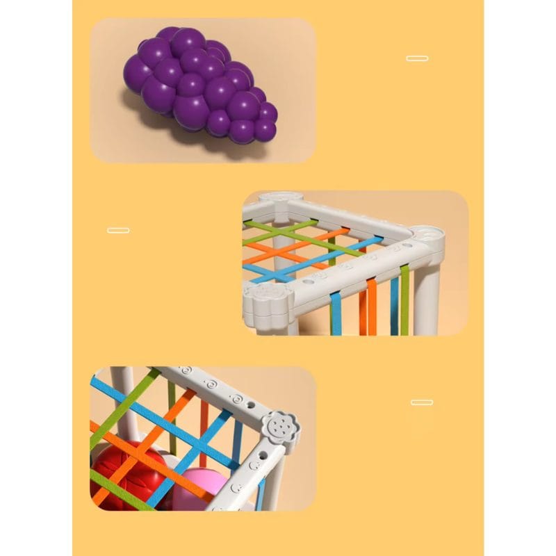 Jucarie Educativa pentru Bebelusi, Cub Elastic cu Fructe, 6 Forme din Plastic Multicolor, Dezvoltare Abilitati Motorii si Cognitive pentru Copii Mici, 11.5x11.5x11.5 Cm, + 1 An