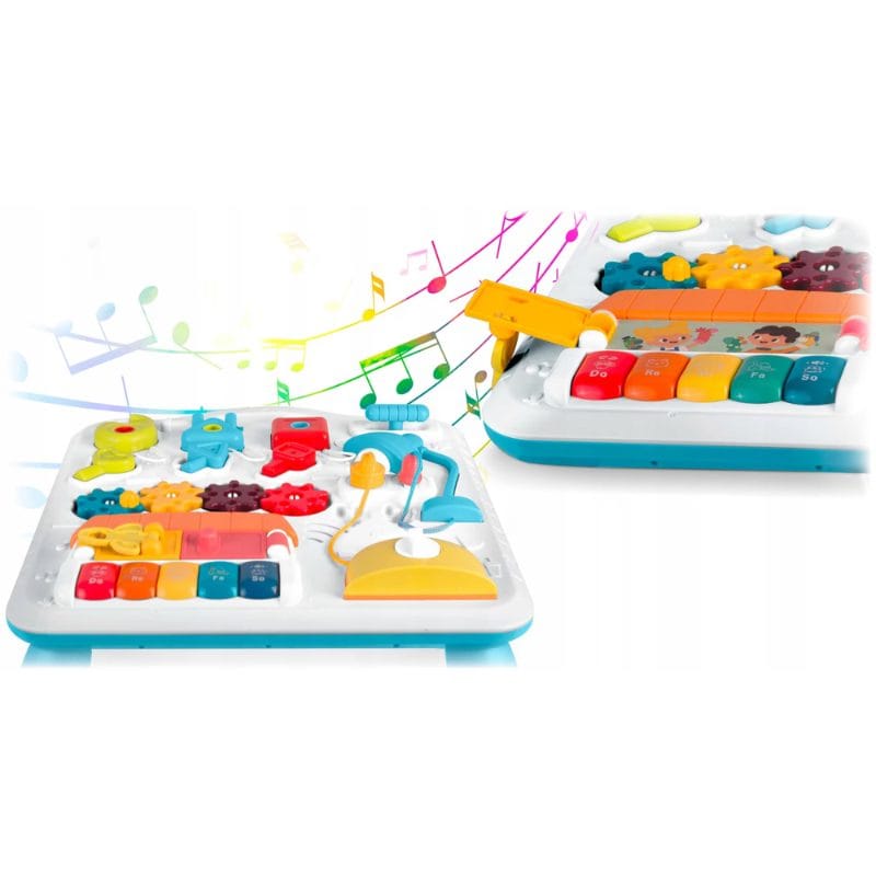 Masuta Educativa cu Activitati Montessori 2 in 1, Jucarie Muzicala, Lampa LED, Prajitor de Paine, Pian, Numere, Culori si Forme, Elemente Mobile, Volum Reglabil, + 1 An