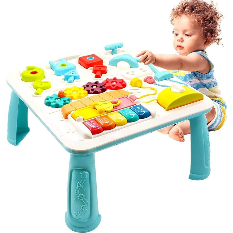 Masuta Educativa cu Activitati Montessori 2 in 1, Jucarie Muzicala, Lampa LED, Prajitor de Paine, Pian, Numere, Culori si Forme, Elemente Mobile, Volum Reglabil, + 1 An