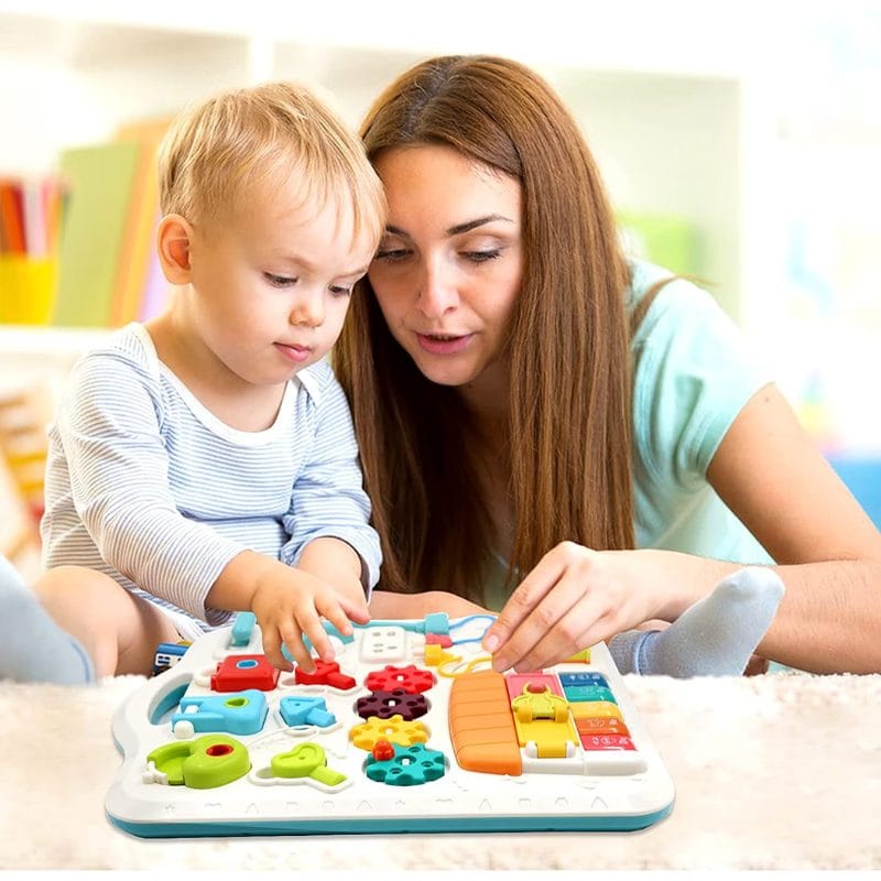 Masuta Educativa cu Activitati Montessori 2 in 1, Jucarie Muzicala, Lampa LED, Prajitor de Paine, Pian, Numere, Culori si Forme, Elemente Mobile, Volum Reglabil, + 1 An