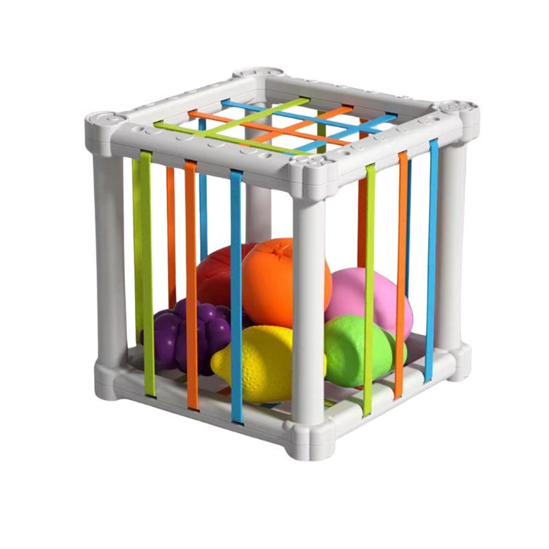 Jucarie Educativa pentru Bebelusi, Cub Elastic cu Fructe, 6 Forme din Plastic Multicolor, Dezvoltare Abilitati Motorii si Cognitive pentru Copii Mici, 11.5x11.5x11.5 Cm, + 1 An