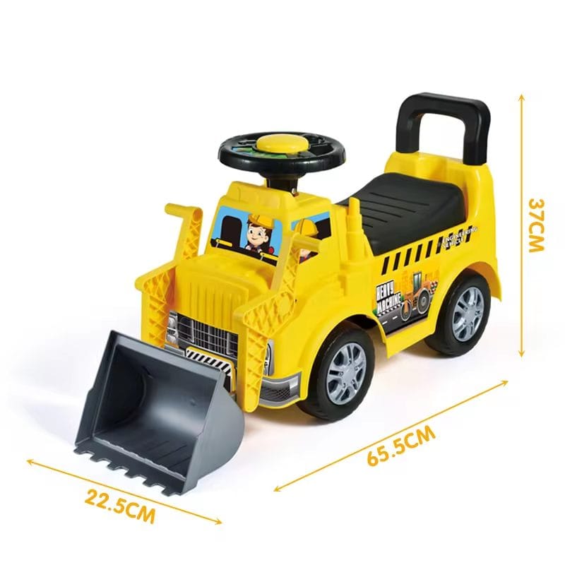 Buldozer Ride On pentru Copii, Cu Remorca, Volan si Claxon, Cupa de Carat Functionala, Scaun Confortabil, Sprijin pentru Spate, 65.5x37x22.5 Cm, +3 Ani, Galben Negru