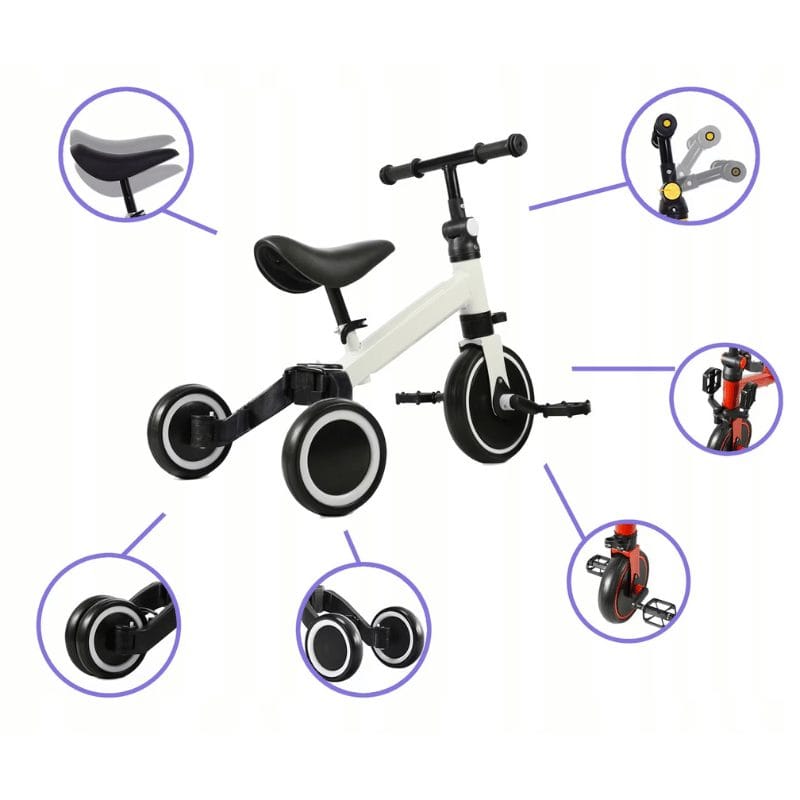 Tricicleta Multifunctionala 4 in 1 pentru Copii, Ajustabila, Ideala pentru Dezvoltarea Abilitatilor Motorii, Stabila si Confortabila, Alb, 1-4 Ani