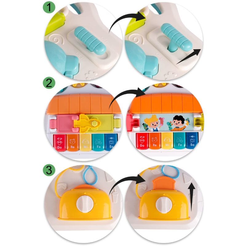Masuta Educativa cu Activitati Montessori 2 in 1, Jucarie Muzicala, Lampa LED, Prajitor de Paine, Pian, Numere, Culori si Forme, Elemente Mobile, Volum Reglabil, + 1 An