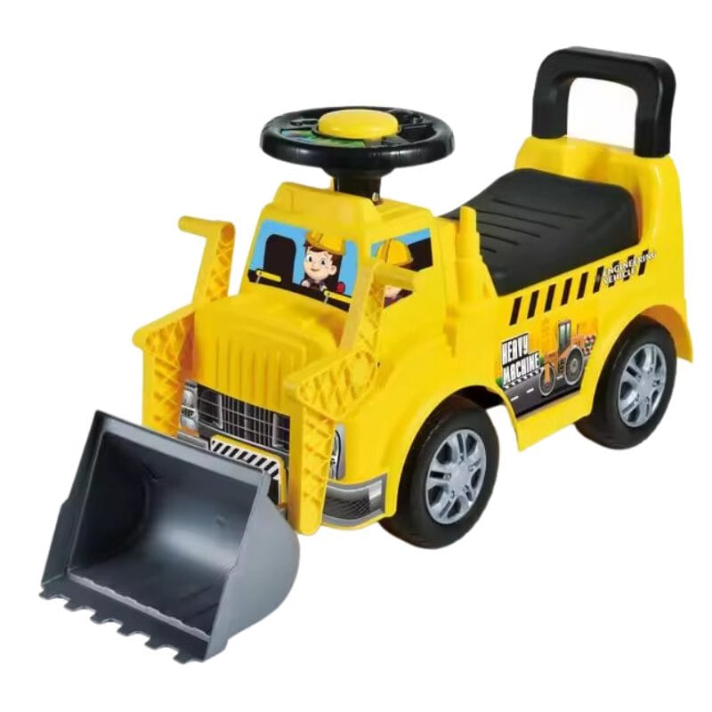 Buldozer Ride On pentru Copii, Cu Remorca, Volan si Claxon, Cupa de Carat Functionala, Scaun Confortabil, Sprijin pentru Spate, 65.5x37x22.5 Cm, +3 Ani, Galben Negru