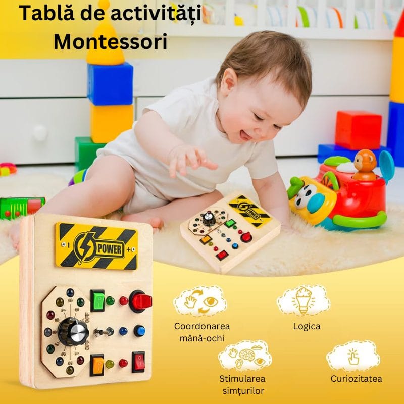 Tabla de Activitati Montessori din Lemn, Educativa, Senzoriala si Motrica pentru Copii 1-3 Ani, Portabila, 15.7x13x3 Cm