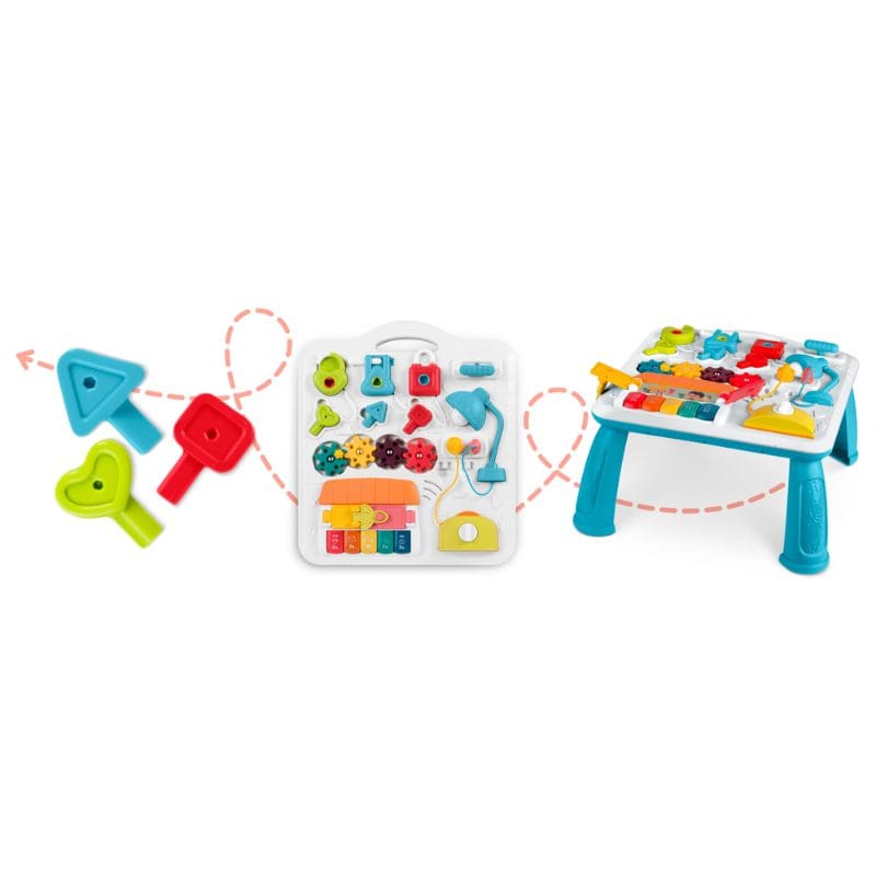 Masuta Educativa cu Activitati Montessori 2 in 1, Jucarie Muzicala, Lampa LED, Prajitor de Paine, Pian, Numere, Culori si Forme, Elemente Mobile, Volum Reglabil, + 1 An