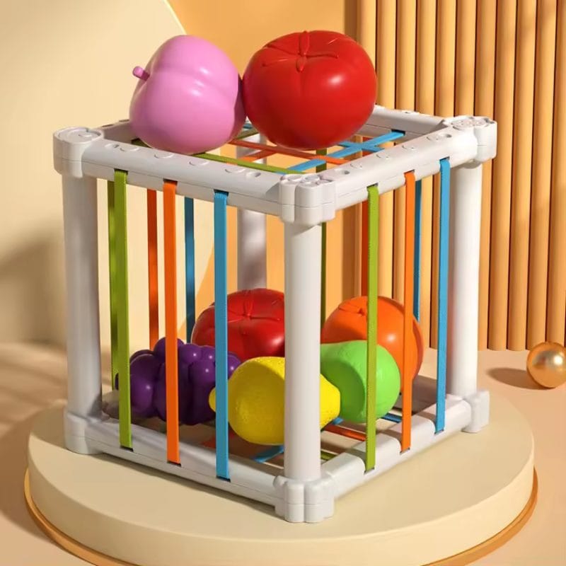 Jucarie Educativa pentru Bebelusi, Cub Elastic cu Fructe, 6 Forme din Plastic Multicolor, Dezvoltare Abilitati Motorii si Cognitive pentru Copii Mici, 11.5x11.5x11.5 Cm, + 1 An
