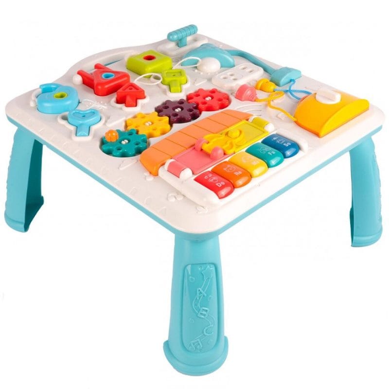 Masuta Educativa cu Activitati Montessori 2 in 1, Jucarie Muzicala, Lampa LED, Prajitor de Paine, Pian, Numere, Culori si Forme, Elemente Mobile, Volum Reglabil, + 1 An