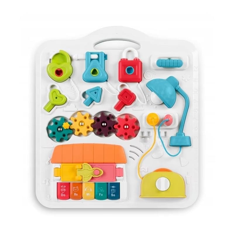 Masuta Educativa cu Activitati Montessori 2 in 1, Jucarie Muzicala, Lampa LED, Prajitor de Paine, Pian, Numere, Culori si Forme, Elemente Mobile, Volum Reglabil, + 1 An