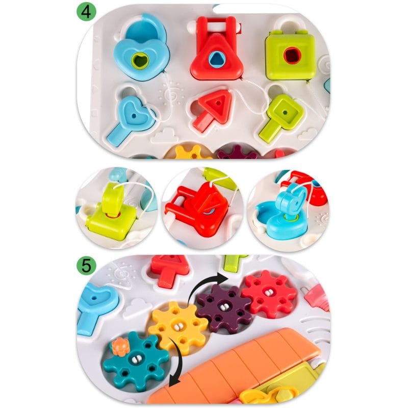 Masuta Educativa cu Activitati Montessori 2 in 1, Jucarie Muzicala, Lampa LED, Prajitor de Paine, Pian, Numere, Culori si Forme, Elemente Mobile, Volum Reglabil, + 1 An