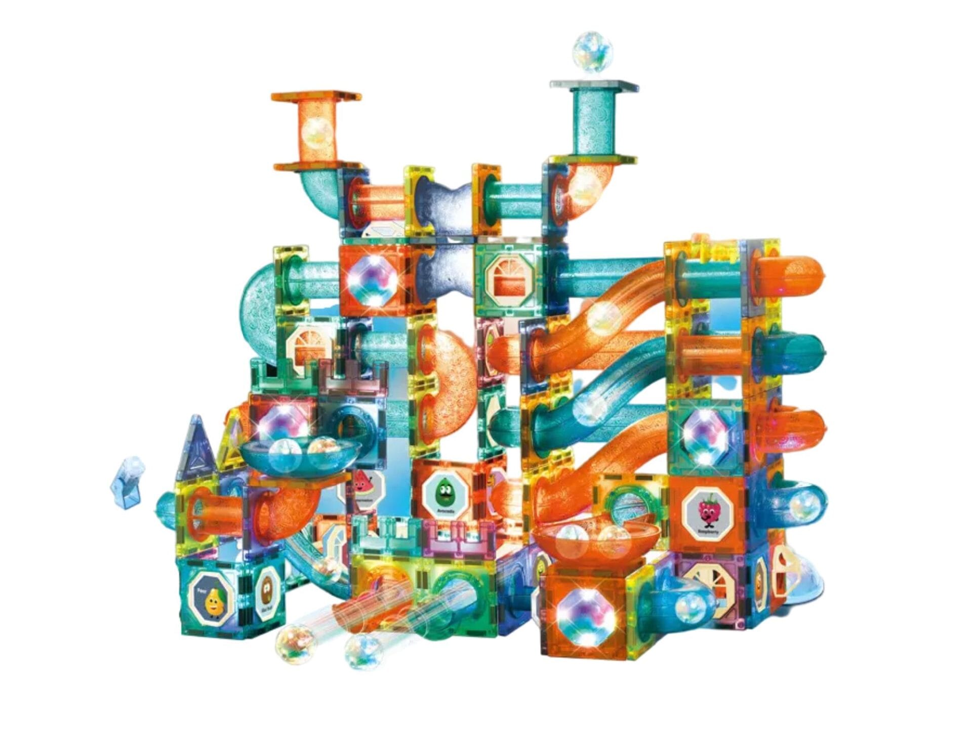 Resigilat - Set de Constructie, Blocuri Magnetice STEAM 3D Educationale, Circuit cu Bile, Lumini Led Interactive, 2 Figurine, Multiple Moduri de Construit, 292 piese, Multicolor, + 3 Ani