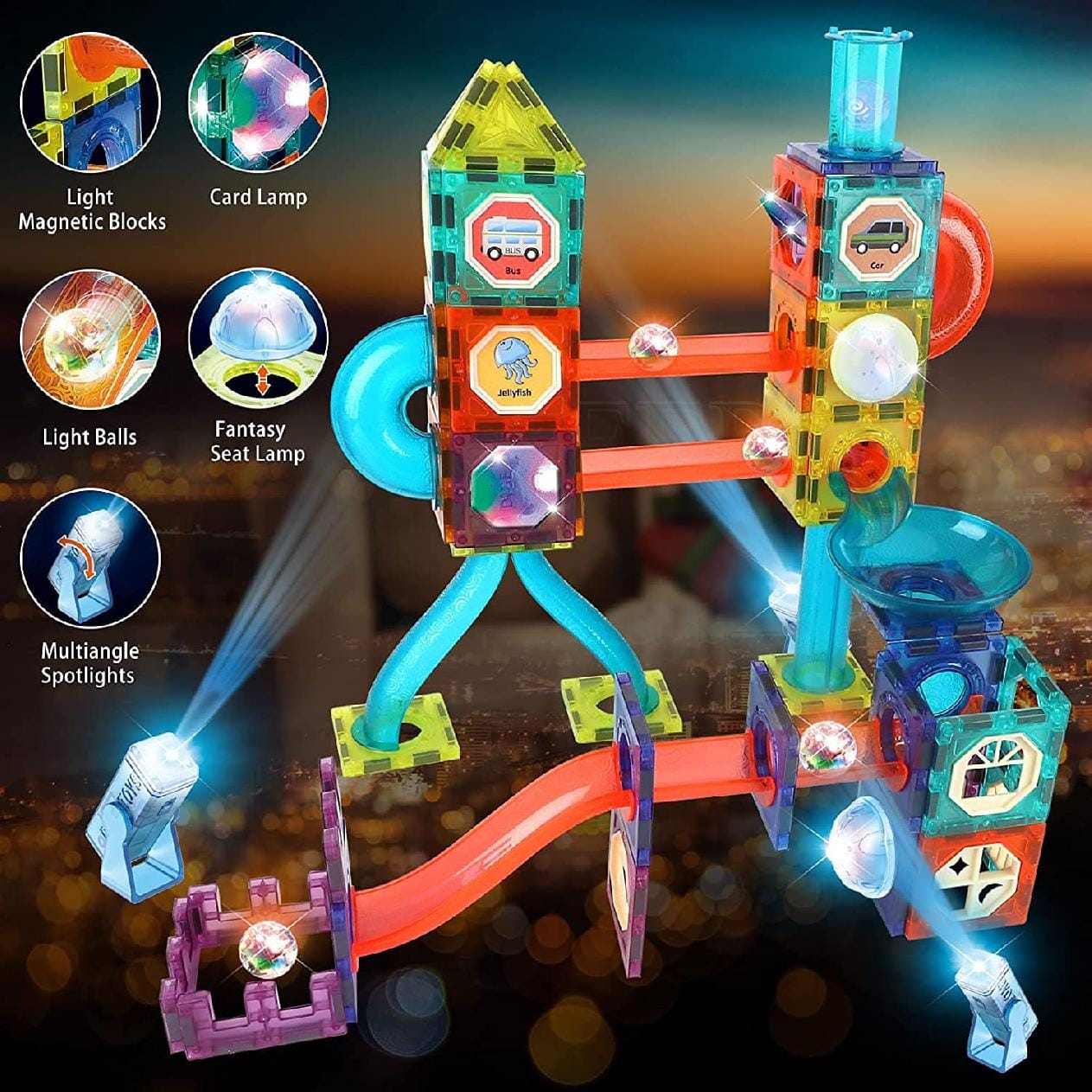 Resigilat - Set de Constructie, Blocuri Magnetice STEAM 3D Educationale, Circuit cu Bile, Lumini Led Interactive, 2 Figurine, Multiple Moduri de Construit, 292 piese, Multicolor, + 3 Ani
