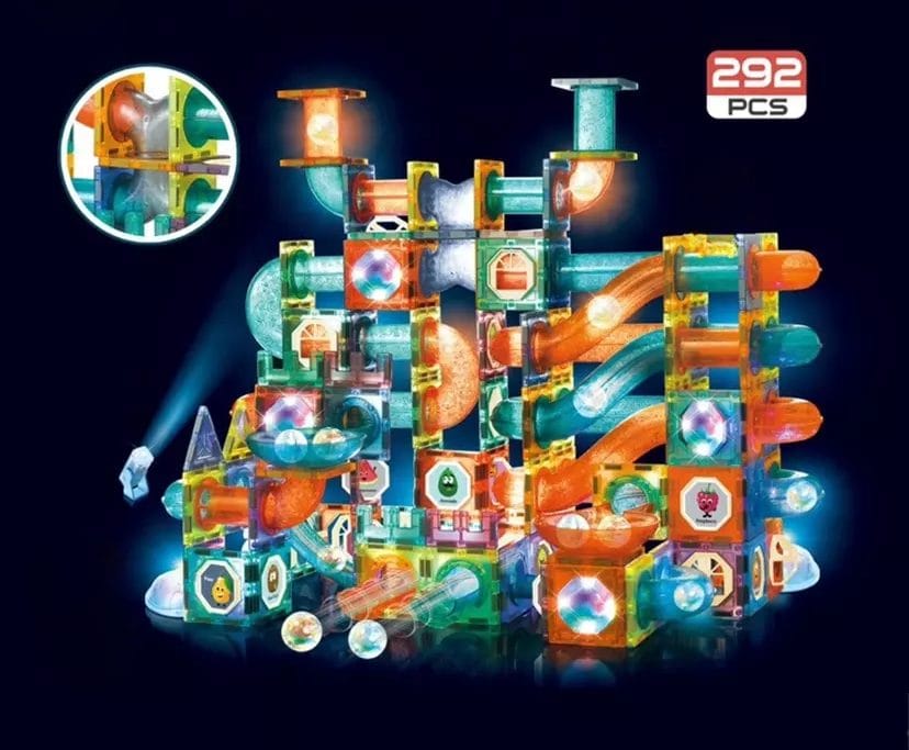 Resigilat - Set de Constructie, Blocuri Magnetice STEAM 3D Educationale, Circuit cu Bile, Lumini Led Interactive, 2 Figurine, Multiple Moduri de Construit, 292 piese, Multicolor, + 3 Ani