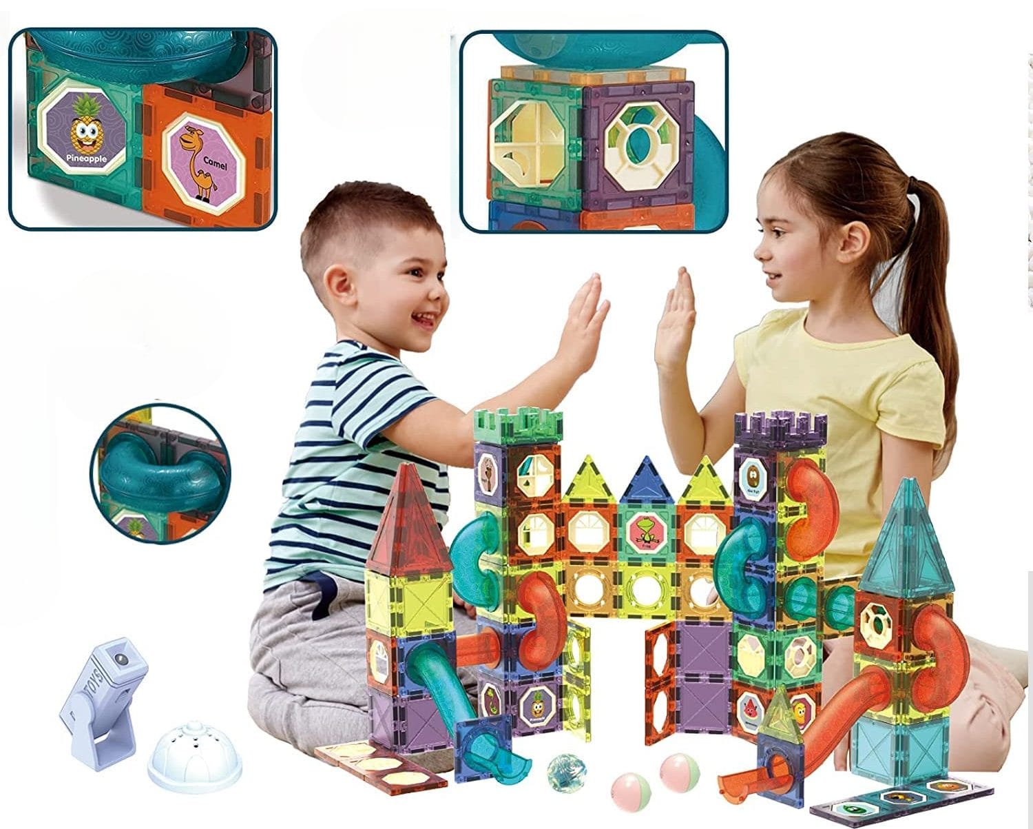 Resigilat - Set de Constructie, Blocuri Magnetice STEAM 3D Educationale, Circuit cu Bile, Lumini Led Interactive, 2 Figurine, Multiple Moduri de Construit, 292 piese, Multicolor, + 3 Ani